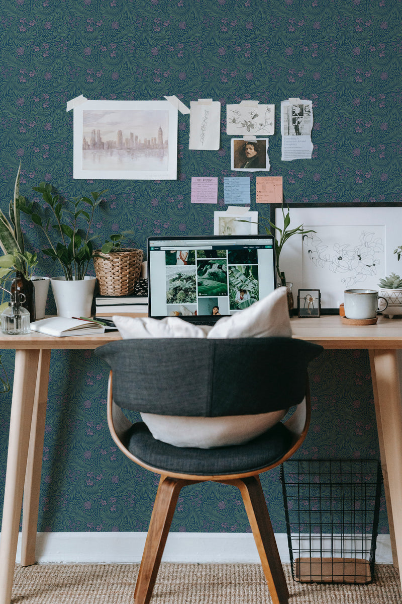 modern home office desk plants posters computer dark retro floral stick on wallpaper