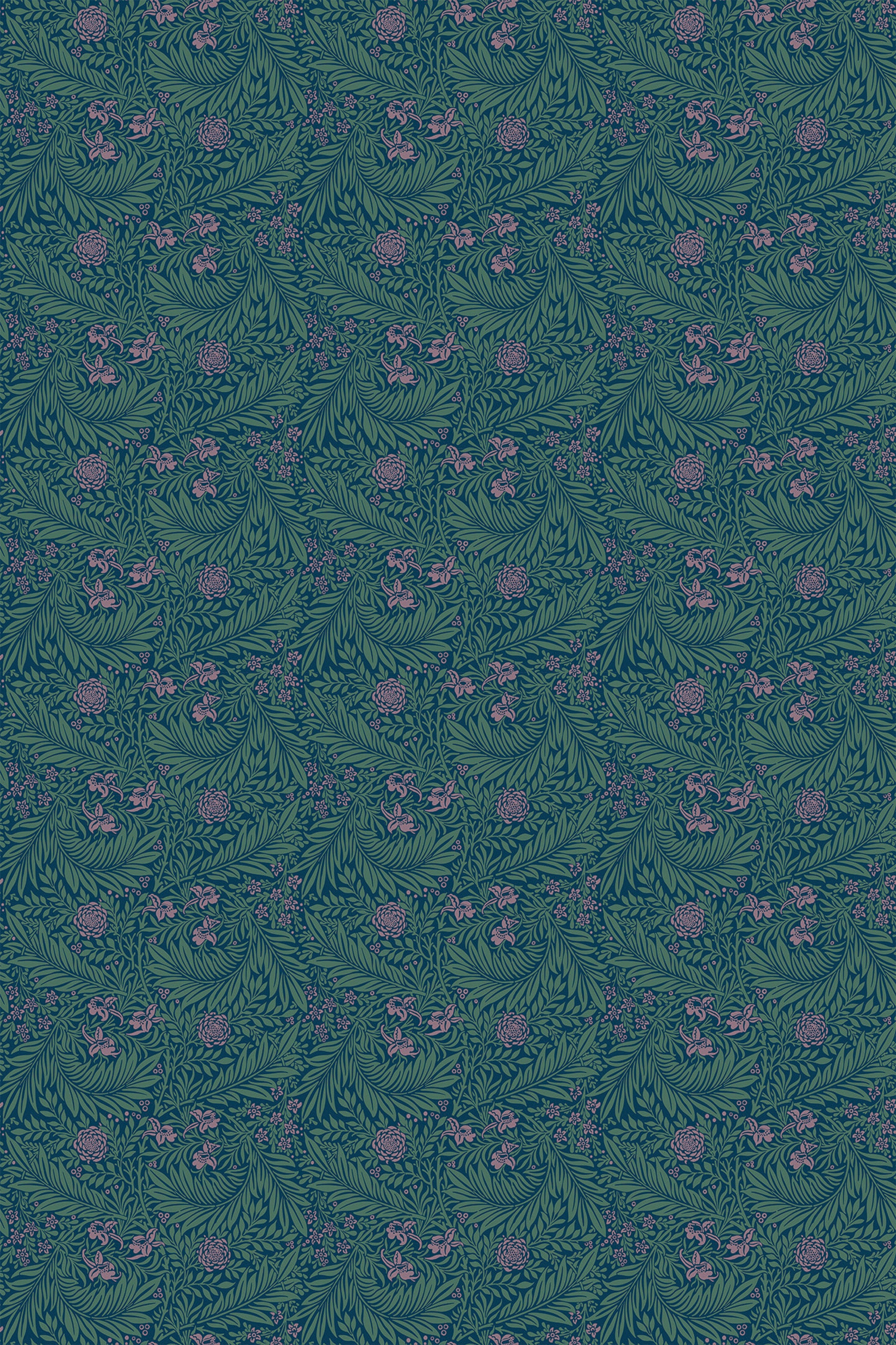 A dark green repeat pattern with pink and dark green retro floral motifs on peel and stick removable wallpaper.