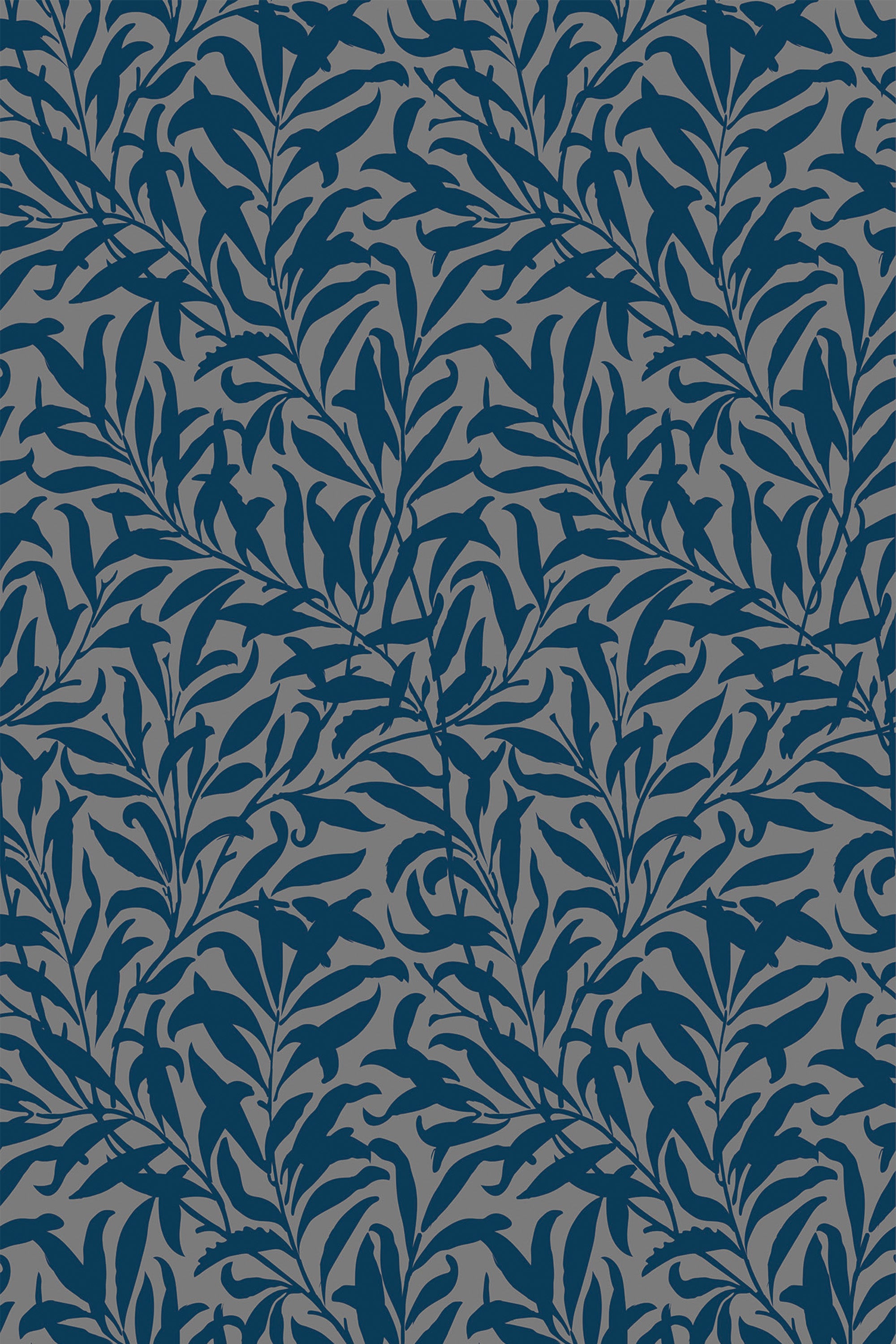A seamless pattern of stylized dark leaves on a solid background for peel and stick removable wallpaper.