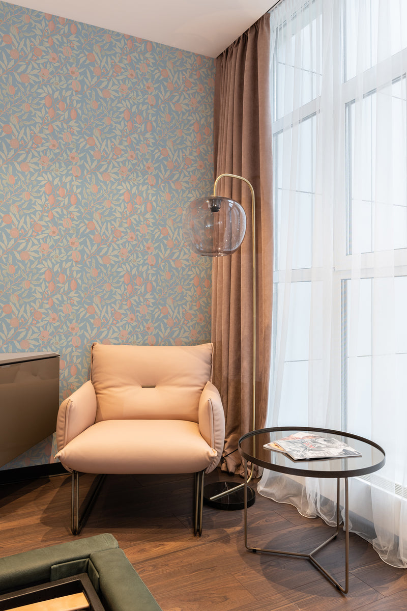 wallpaper stick and peel lemon grove pattern modern armchair lamp table reading area