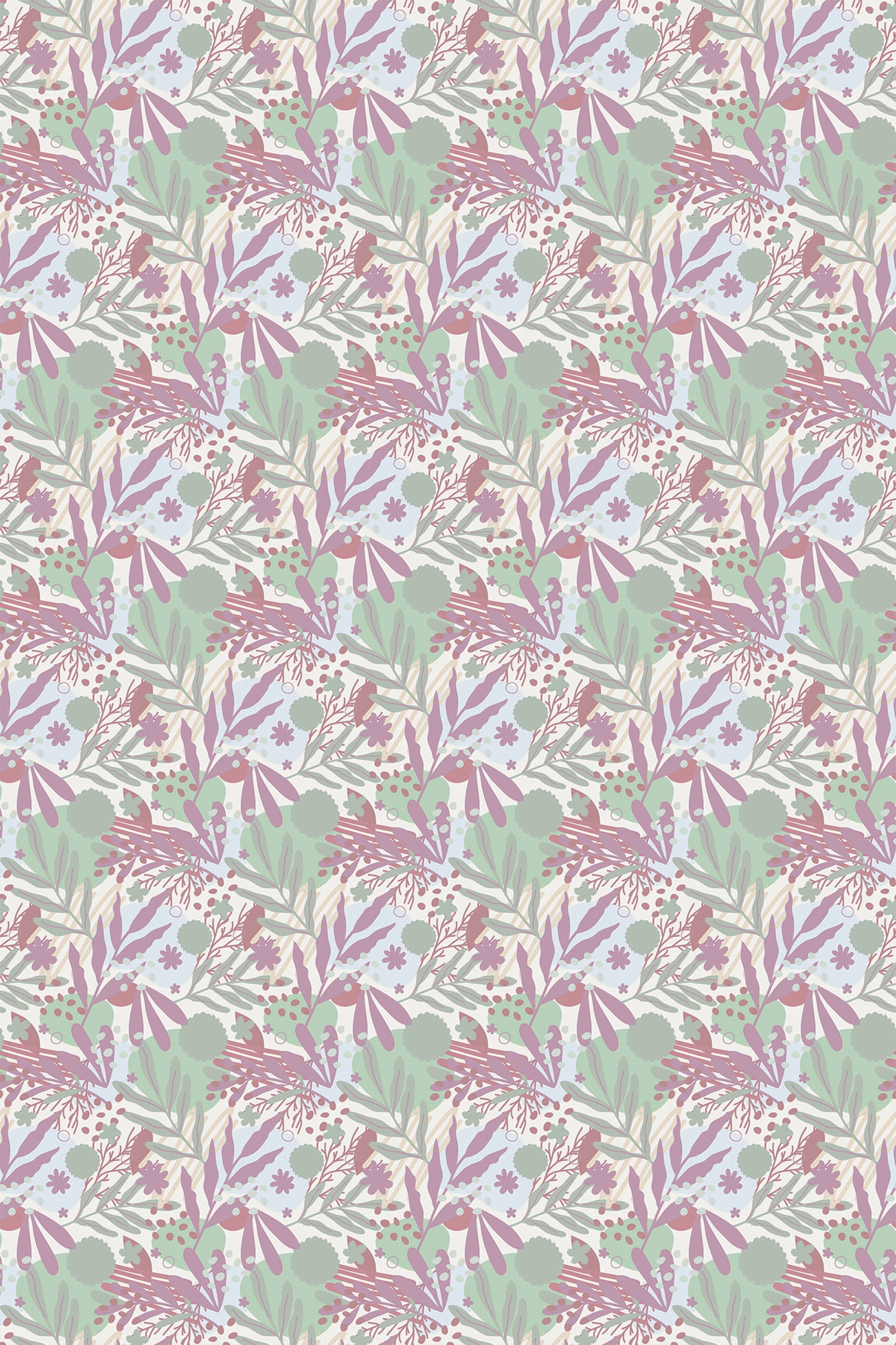 A pattern of leaves and flowers in hues of purple, green, and brown on a light background, creating a nature-inspired aesthetic for this peel and stick removable wallpaper.