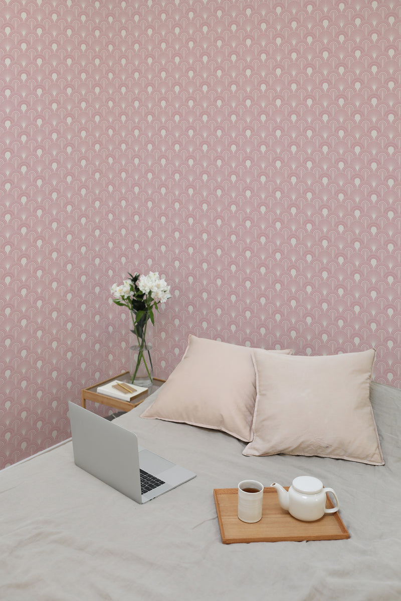temporary wallpaper subtle art deco pattern cozy romantic bedroom interior