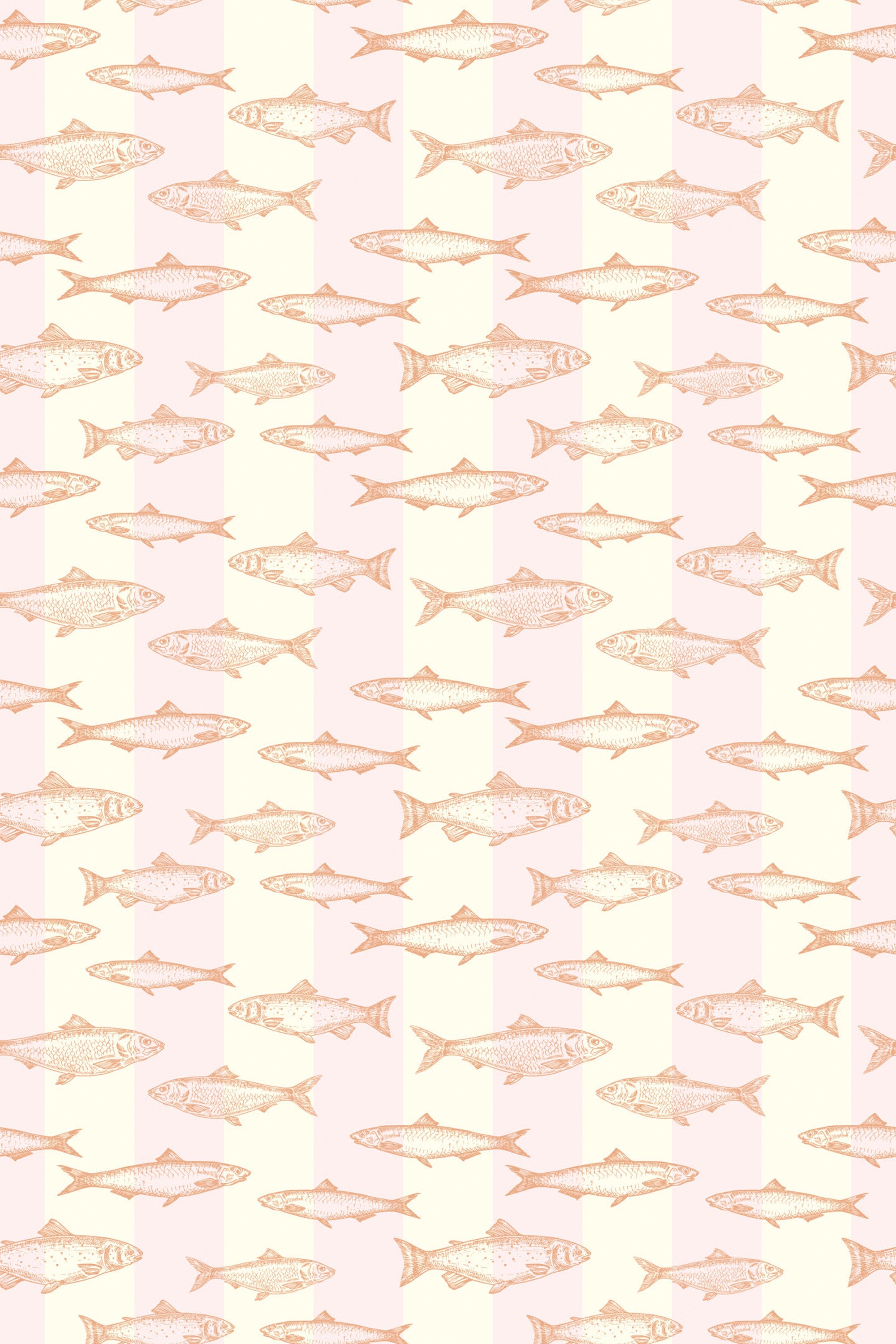 A pattern of peach-colored fish on a pink background, arranged in alternating rows with fish facing opposite directions, known as Peachy Fish peel and stick removable wallpaper.