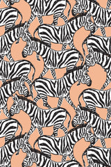 A pattern of black and white striped zebras on a peach-colored background, in a repeating motif, peel and stick removable wallpaper.