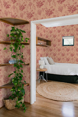 bedroom cozy interior green plants round carpet delicate flower peel & stick wallpaper