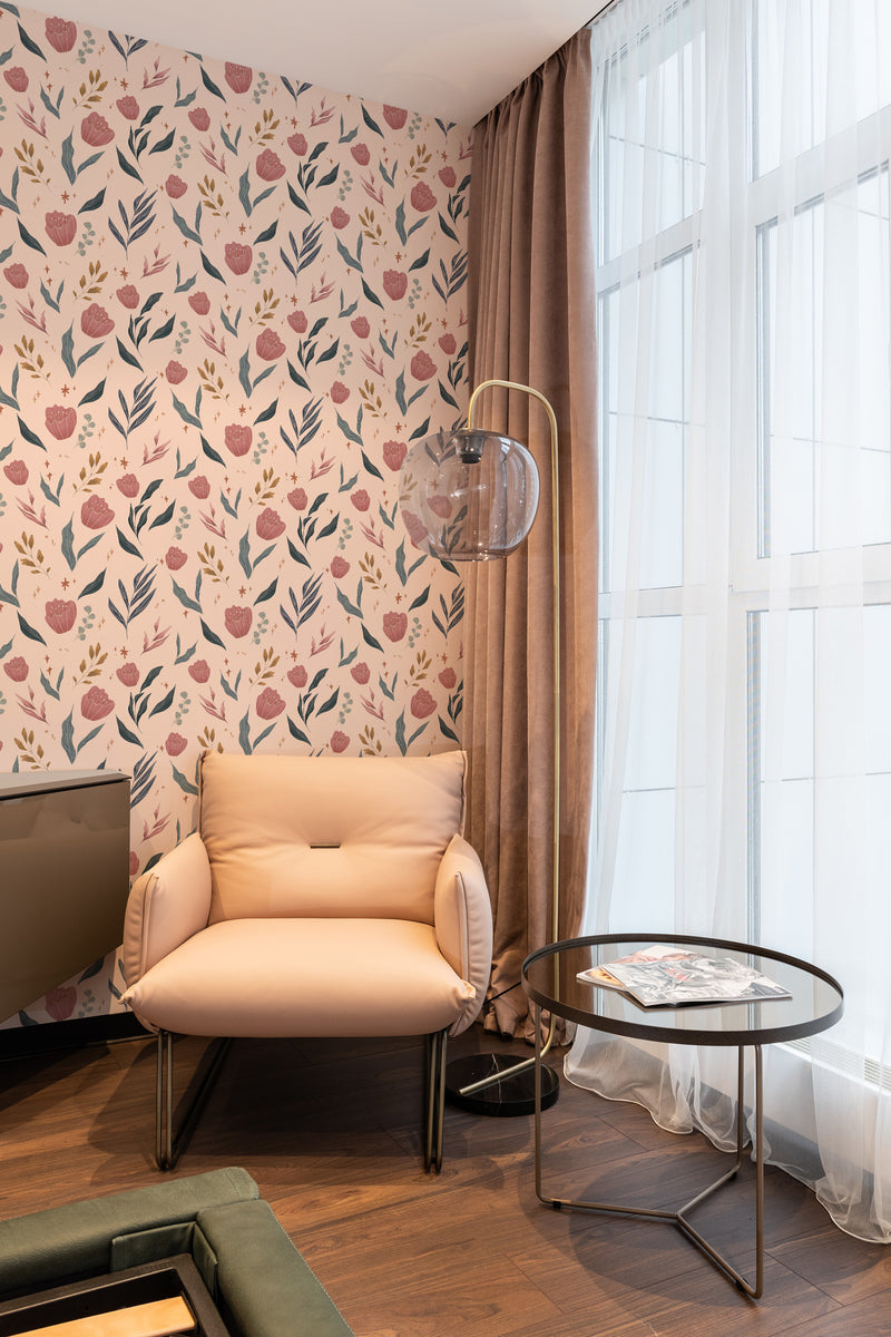 wallpaper stick and peel peachy bouquet pattern modern armchair lamp table reading area