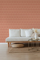 self stick wallpaper peachy damask pattern living room elegant sofa coffee table