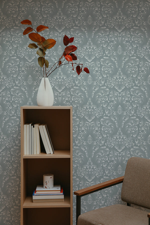 self-adhesive wallpaper classic damask pattern bookshelf armchair decorative plant interior