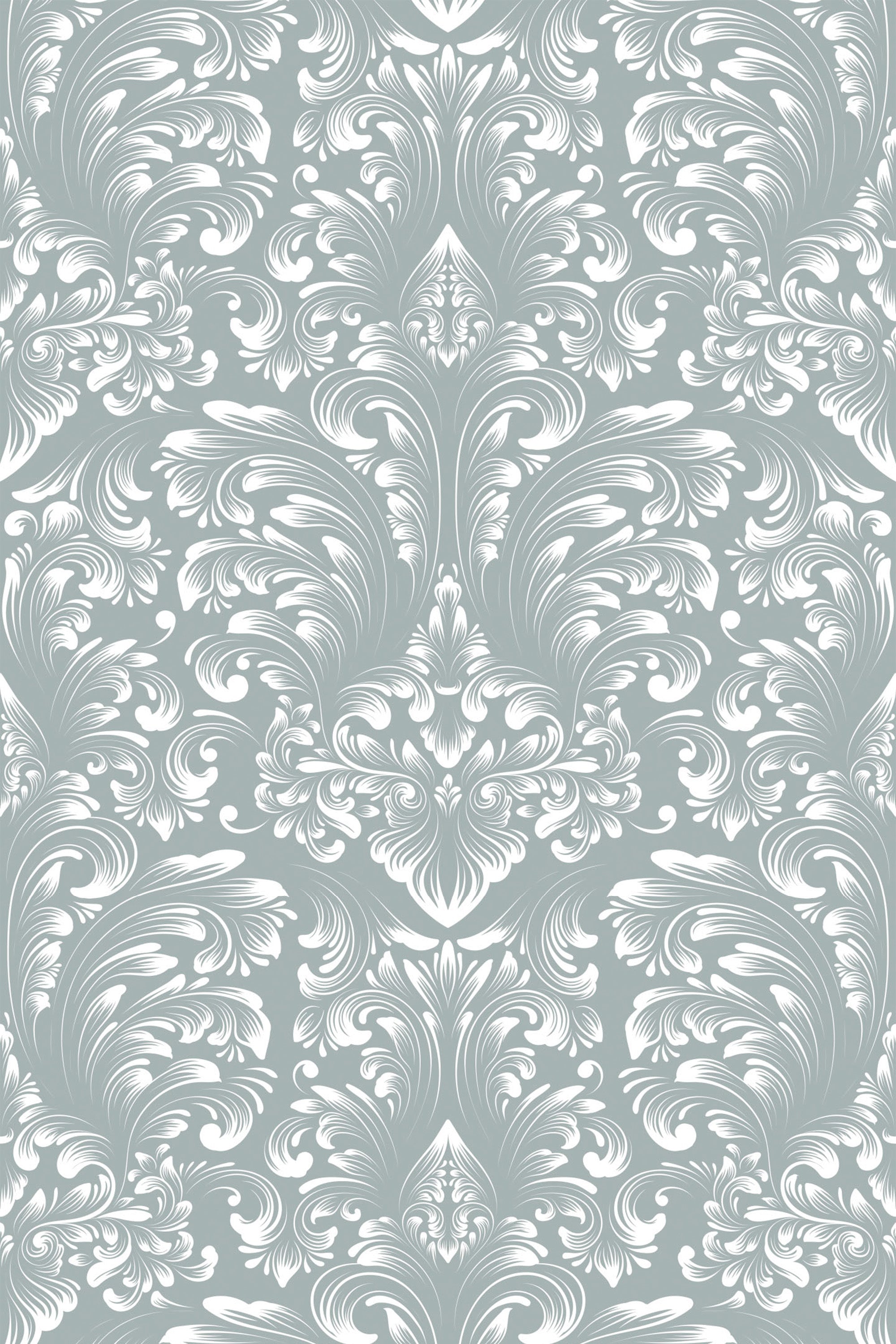 Elegant gray Classic Damask pattern with intricate scrollwork and floral elements on peel and stick removable wallpaper.