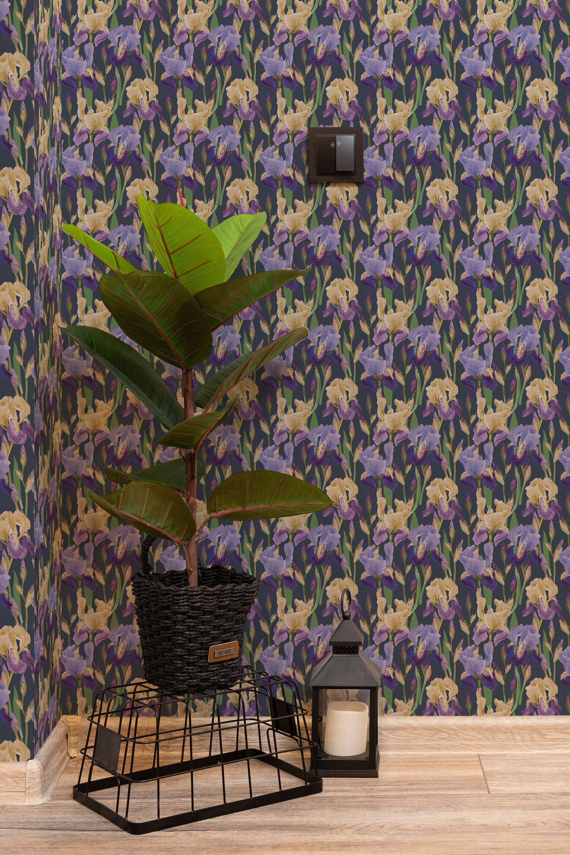 Self-adhesive wallpaper with a Bold Iris pattern of large purple and yellow irises on a deep blue background, giving a room a vibrant, floral ambiance.