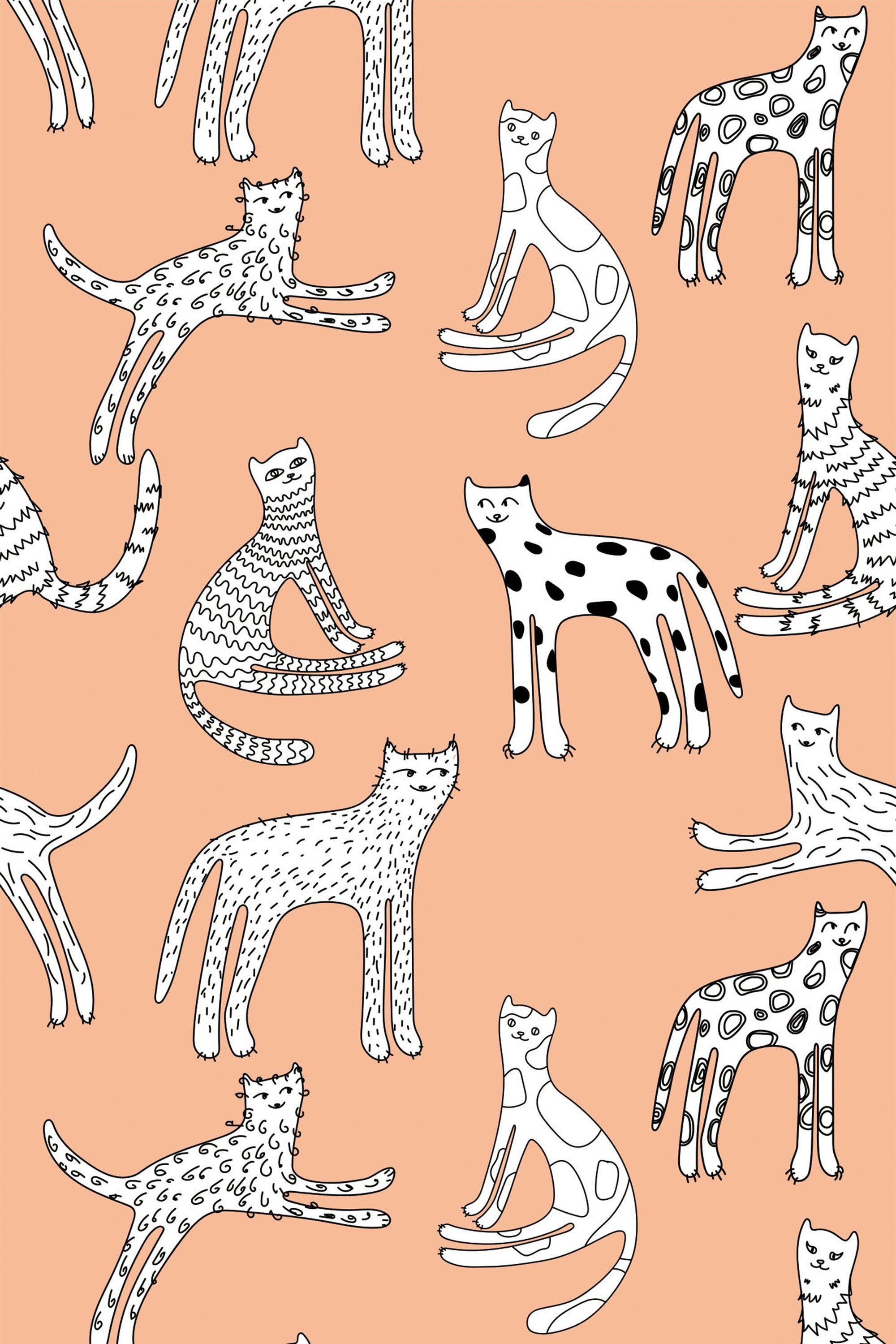 Patterned wallpaper with various illustrated cats in different poses on a peach background, titled 'Cute Kitties', peel and stick removable wallpaper.