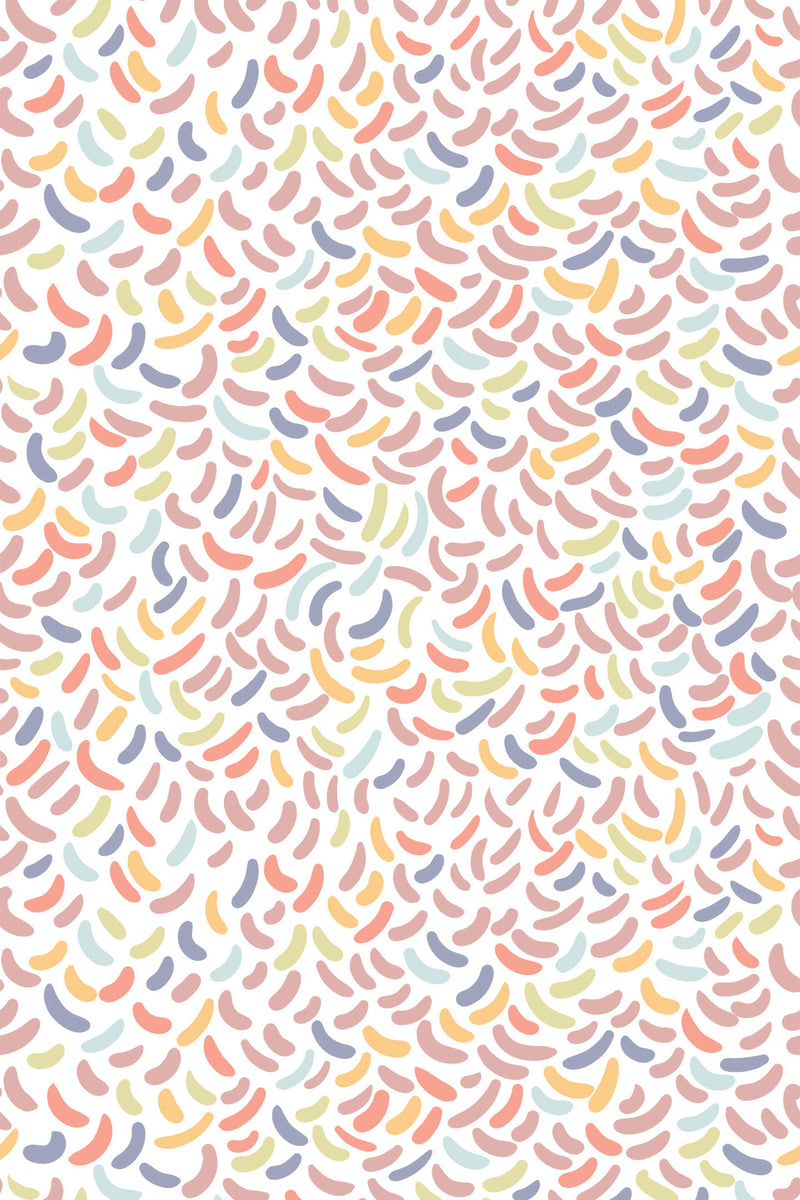 Colorful jellybean-shaped patterns on a white background, arranged in a dense, repeating manner across the surface, known as 'Jellybean' design, peel and stick removable wallpaper.