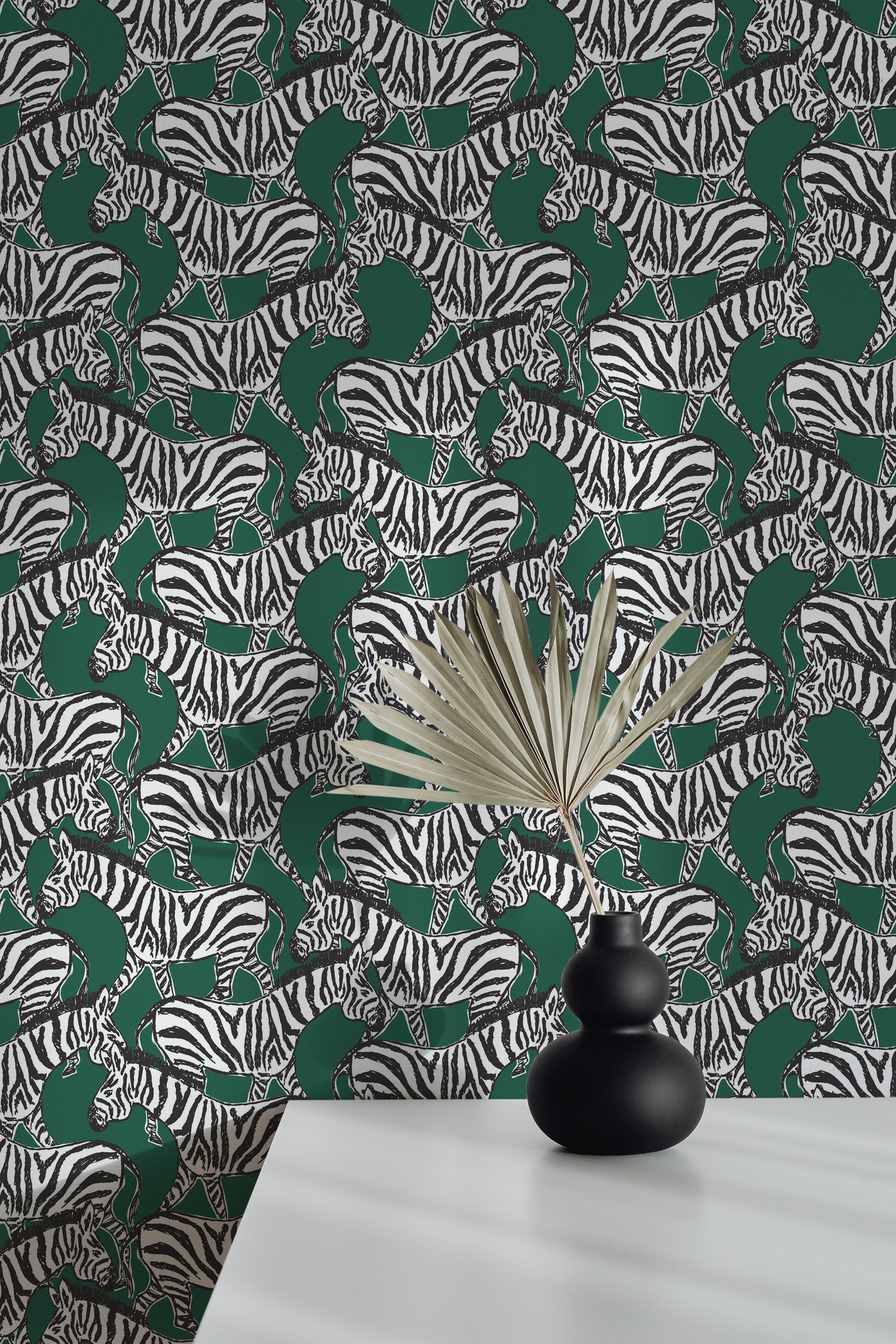 Self-adhesive wallpaper with a Forest Green Zebra pattern on a room wall, showcasing white zebras with green stripes on a black background.