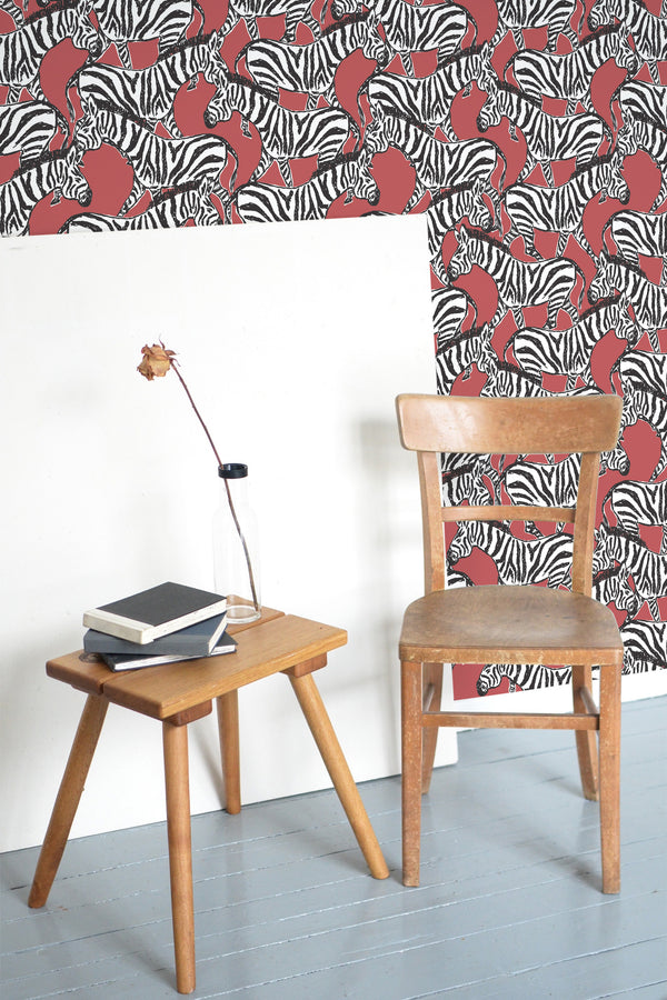wooden table chair decorative plant blank canvas red zebra self adhesive wallpaper