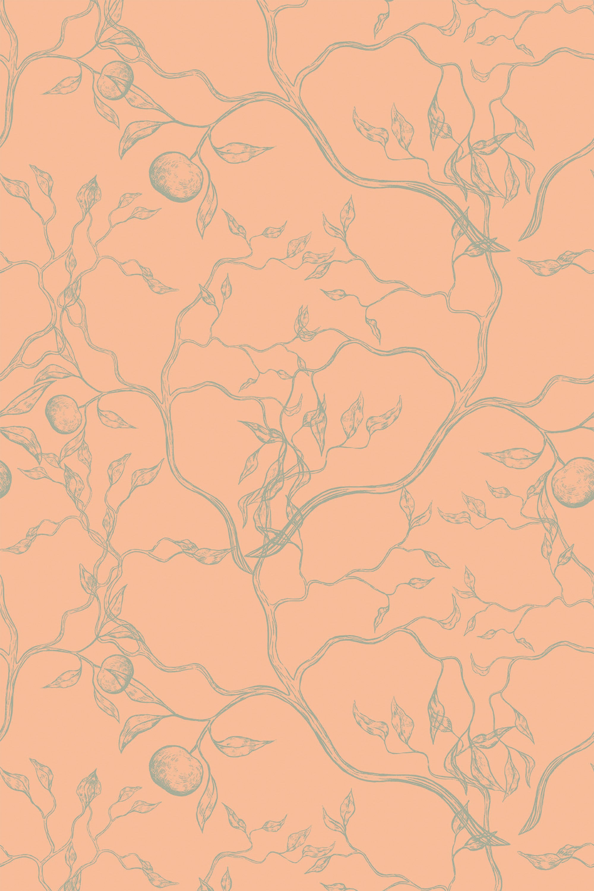 A seamless pattern of delicate peach-colored branches with leaves and fruit on a soft pink background, giving a serene Japanese aesthetic to this peel and stick removable wallpaper.