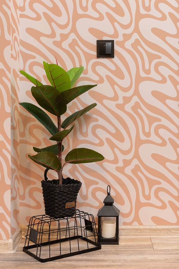 hallway interior green plant black lantern peach funky wave temporary wallpaper