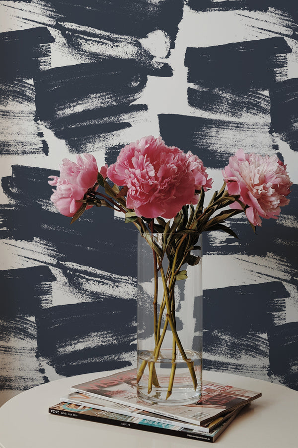 peonies magazines coffee table modern interior navy brush strokes wall paper peel and stick
