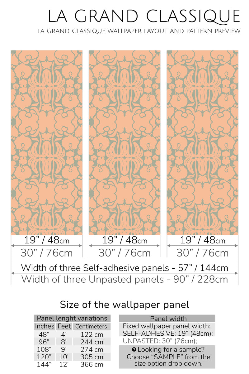 peach and green victorian peel and stick wallpaper specifiation
