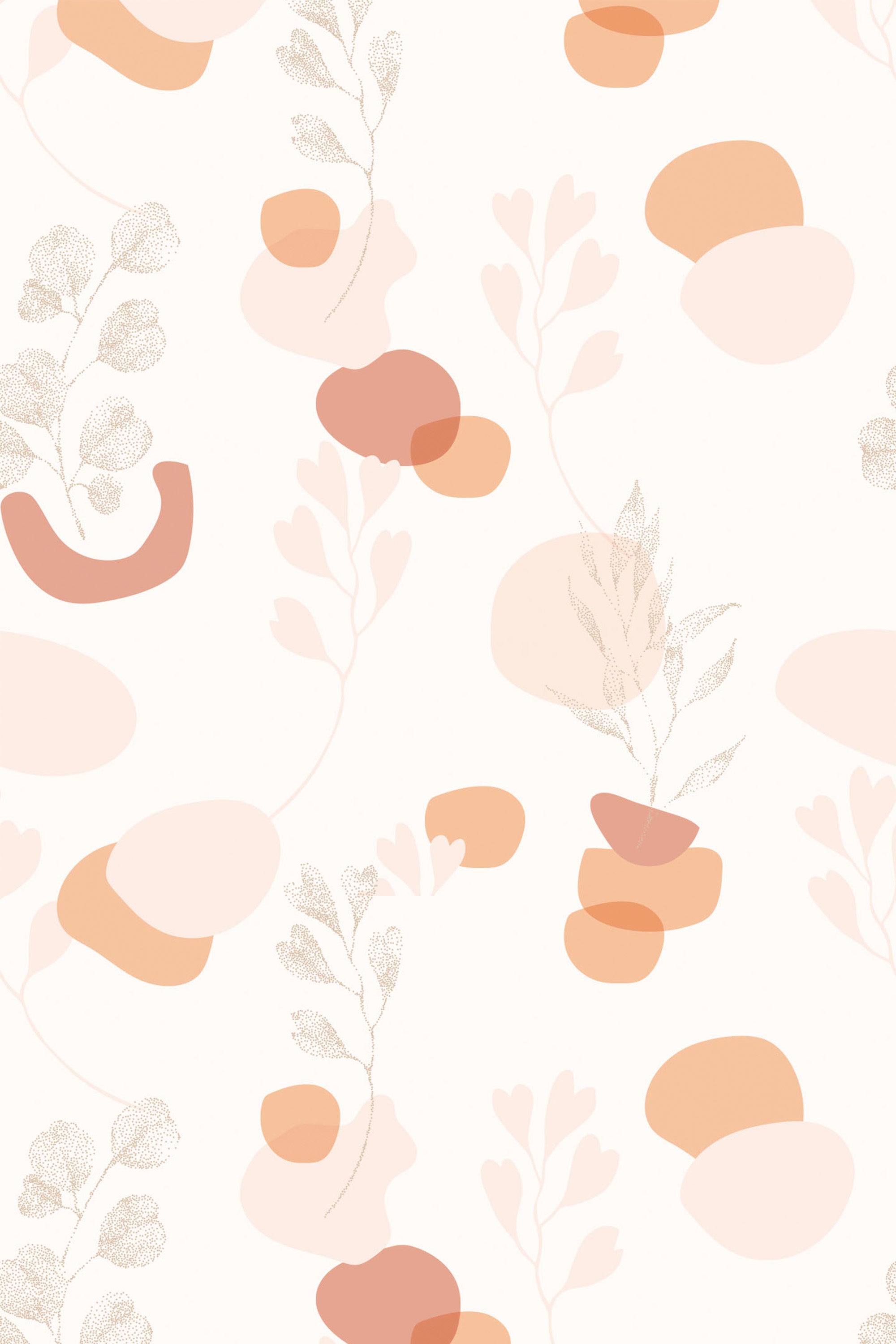 A repeating pattern of abstract shapes and botanical elements in soft neutral tones on a light background, suitable for a contemporary and minimalist decor style, peel and stick removable wallpaper.