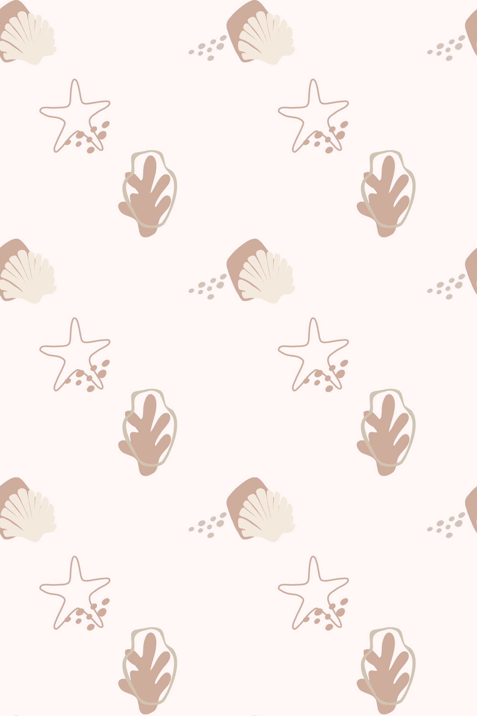 A repeating pattern of beige seashells and starfish with dotted accents on a white background, styled in a neutral nautical boho theme, peel and stick removable wallpaper.