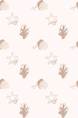 A repeating pattern of beige seashells and starfish with dotted accents on a white background, styled in a neutral nautical boho theme, peel and stick removable wallpaper.