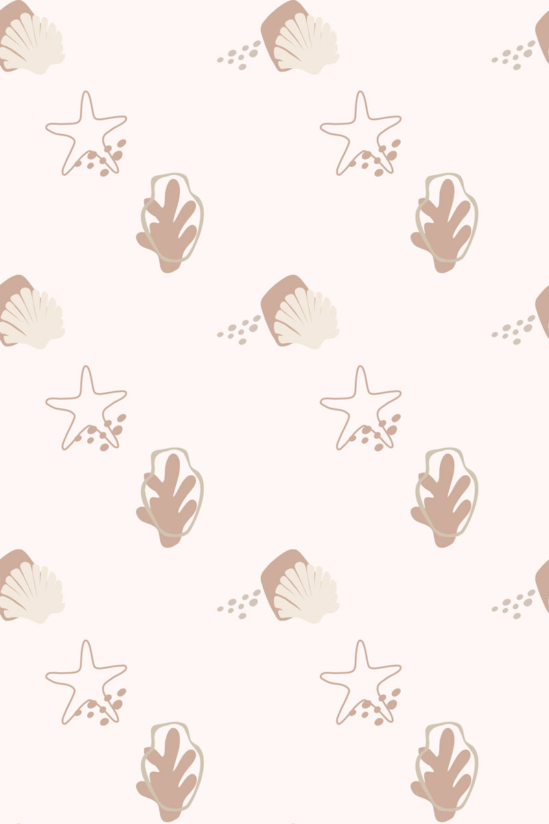 A repeating pattern of beige seashells and starfish with dotted accents on a white background, styled in a neutral nautical boho theme, peel and stick removable wallpaper.