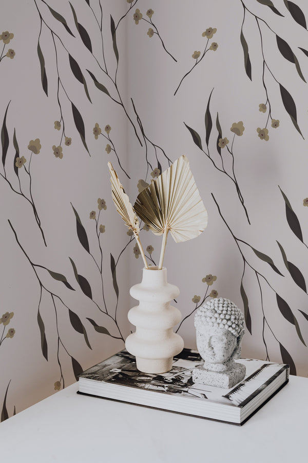 wallpaper for walls neutral delicate flower pattern modern sophisticated vase statue home decor