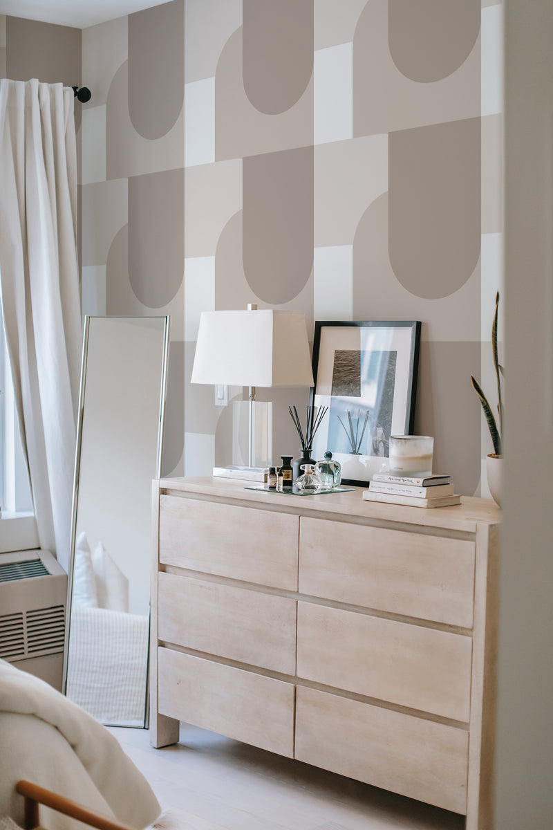         
peel and stick wallpaper neutral geometric accent wall bedroom dresser mirror minimalist interior