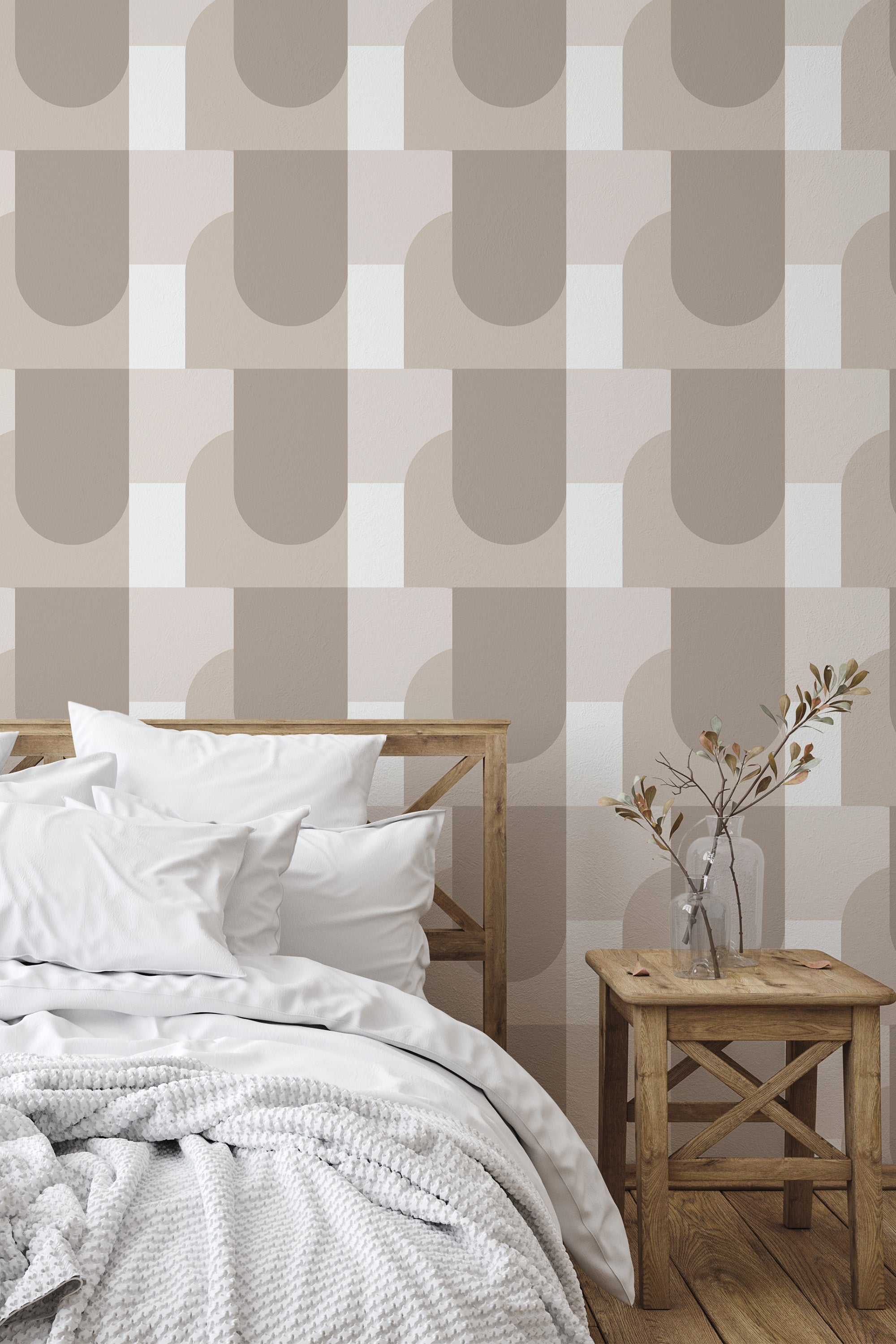 Self-adhesive wallpaper with a neutral geometric pattern in beige and brown tones on a room's wall, complementing a simple wooden bed and side table.