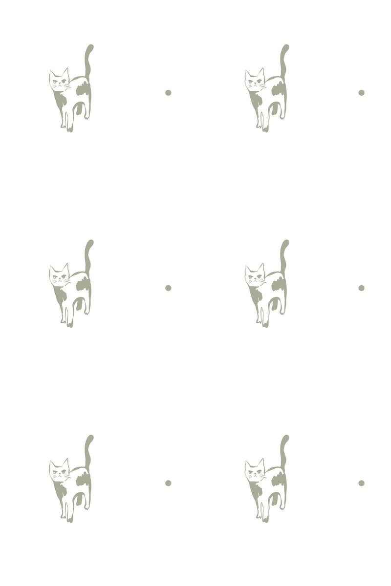 A pattern of stylized serious cats interspersed with dots on a plain background, forming a quaint and playful decor theme for a peel and stick removable wallpaper.