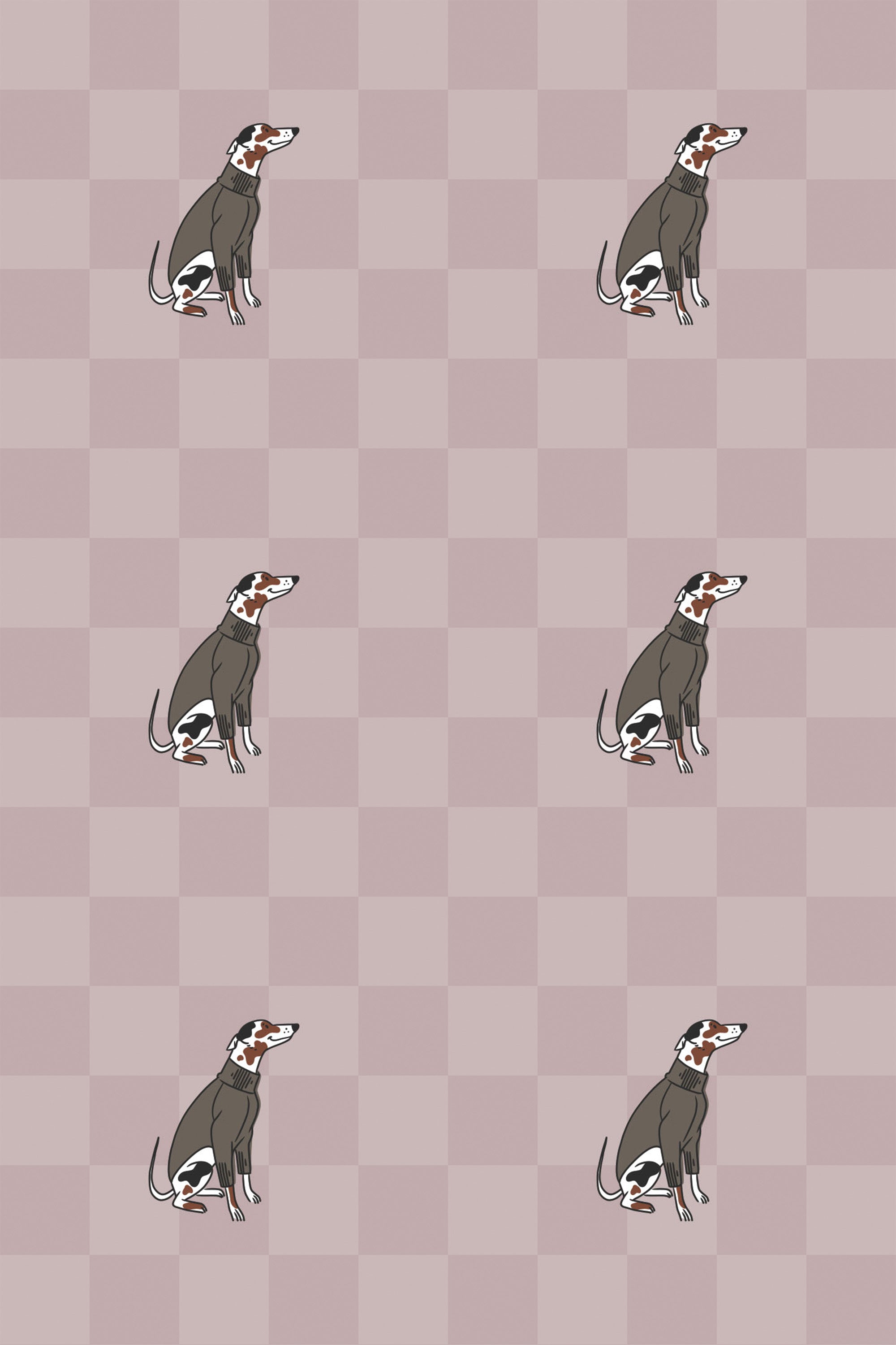 Patterned wallpaper with stylized dogs dressed in fashionable outfits on a pink and tan checkered background, peel and stick removable wallpaper.