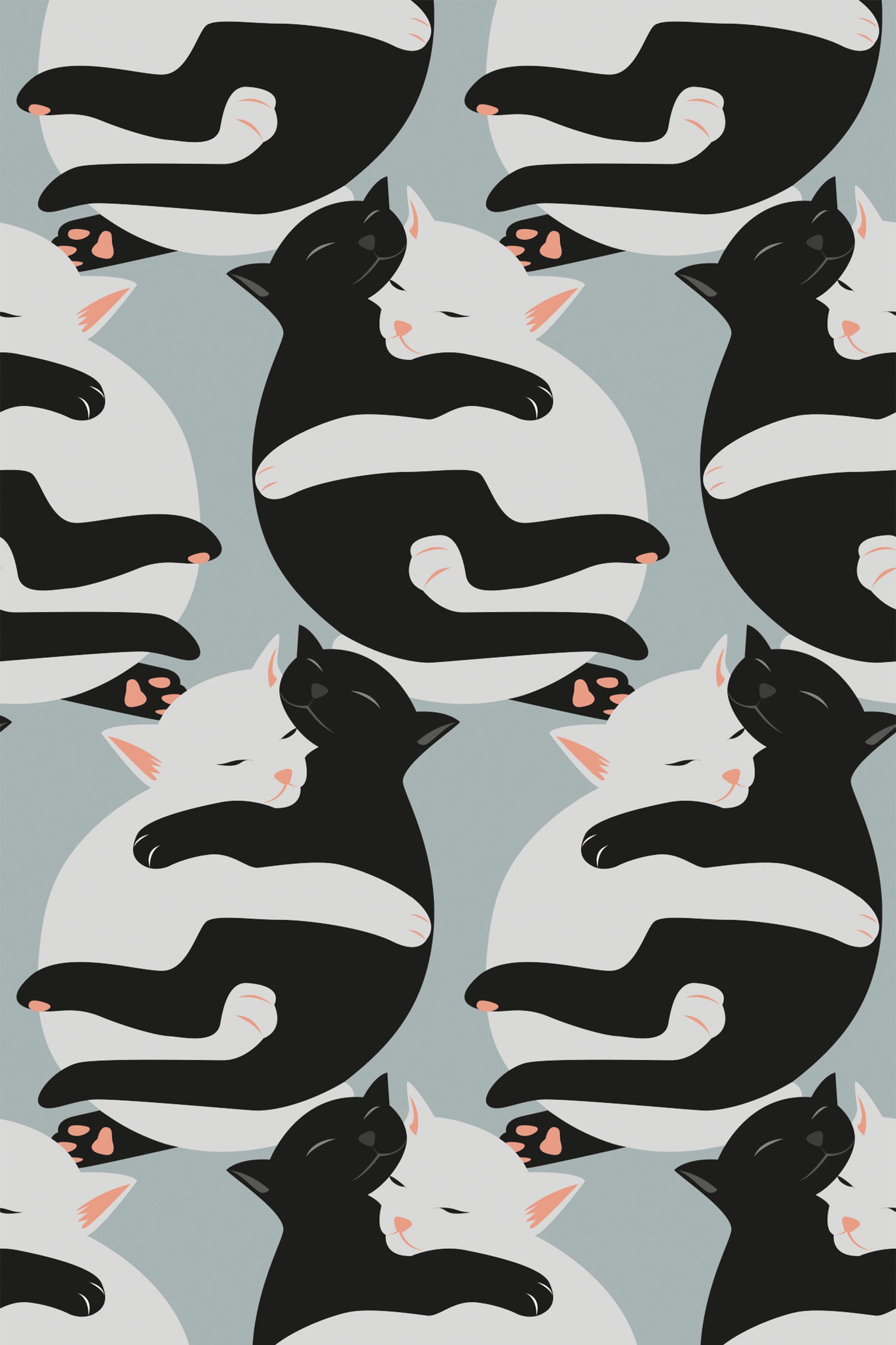 Black and white cats cuddling in a repeated pattern on a pale green background, peel and stick removable wallpaper.