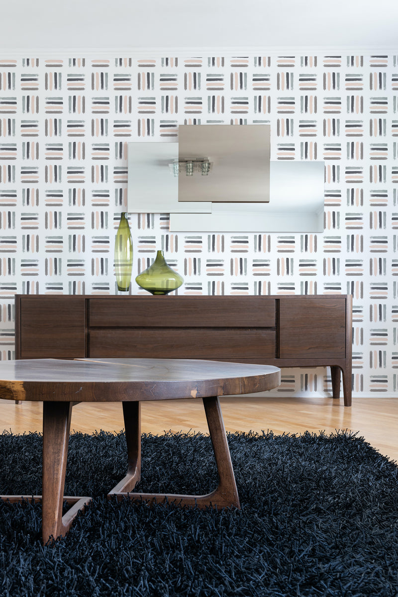 contemporary living room dark wood furniture btush stroke peel and stick wallpaper