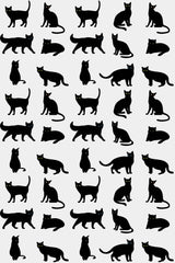 Black silhouette cats in various poses on a white background, aesthetic cat pattern peel and stick removable wallpaper.