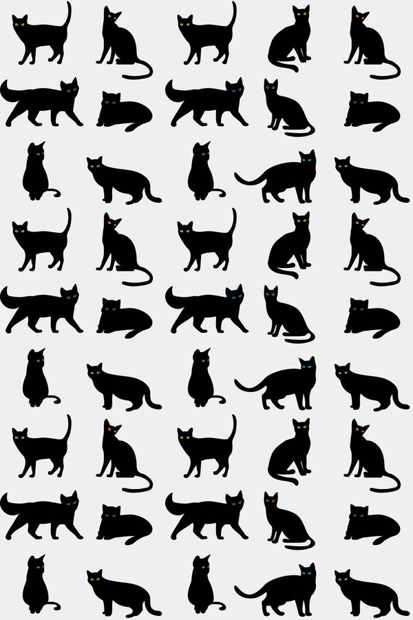 Black silhouette cats in various poses on a white background, aesthetic cat pattern peel and stick removable wallpaper.