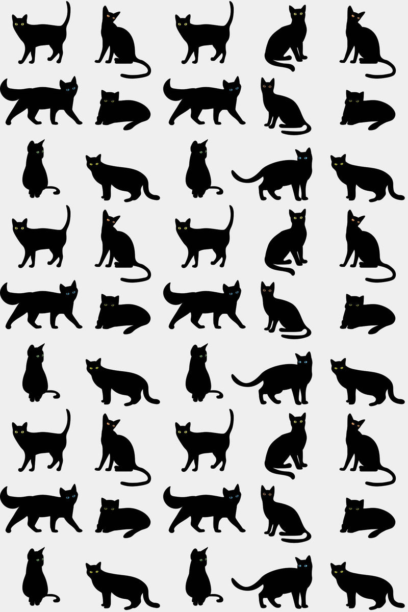 Black silhouette cats in various poses on a white background, aesthetic cat pattern peel and stick removable wallpaper.