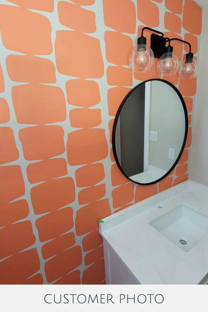 Orange retro shape peel and stick wallpaper bathroom makeover